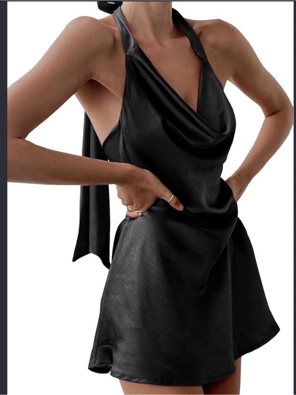 One-Shoulder Black Satin Dress with Shoulder Tie